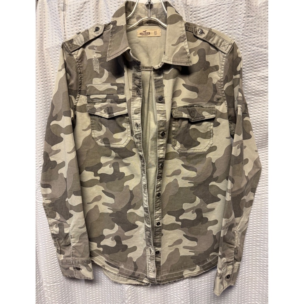 Hollister Women's‎ Camo Shirt Jacket Shacket Utility SZ XS Pockets Distressed